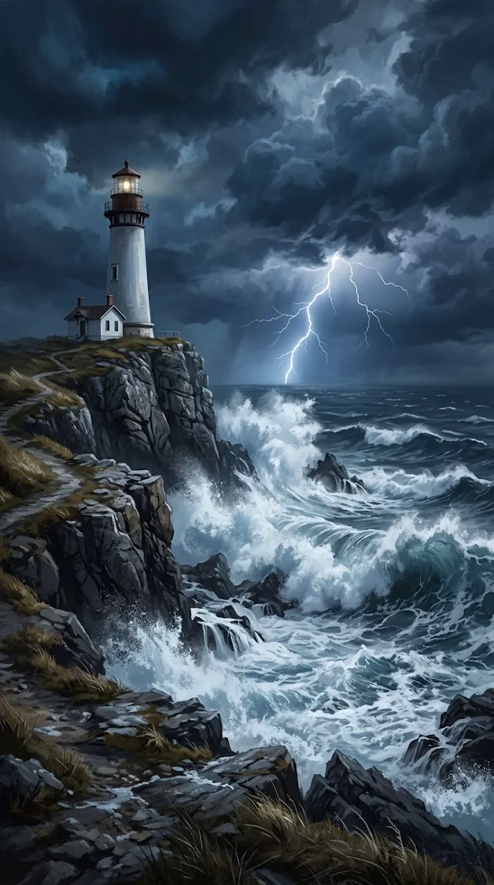 Download Dramatic Stormy Cliffside Lighthouse with Crashing Ocean Waves Wallpaper in Mobile HD Dramatic Stormy Cliffside Lighthouse with Crashing Ocean Waves - Free Mobile AMOLED Wallpaper Background