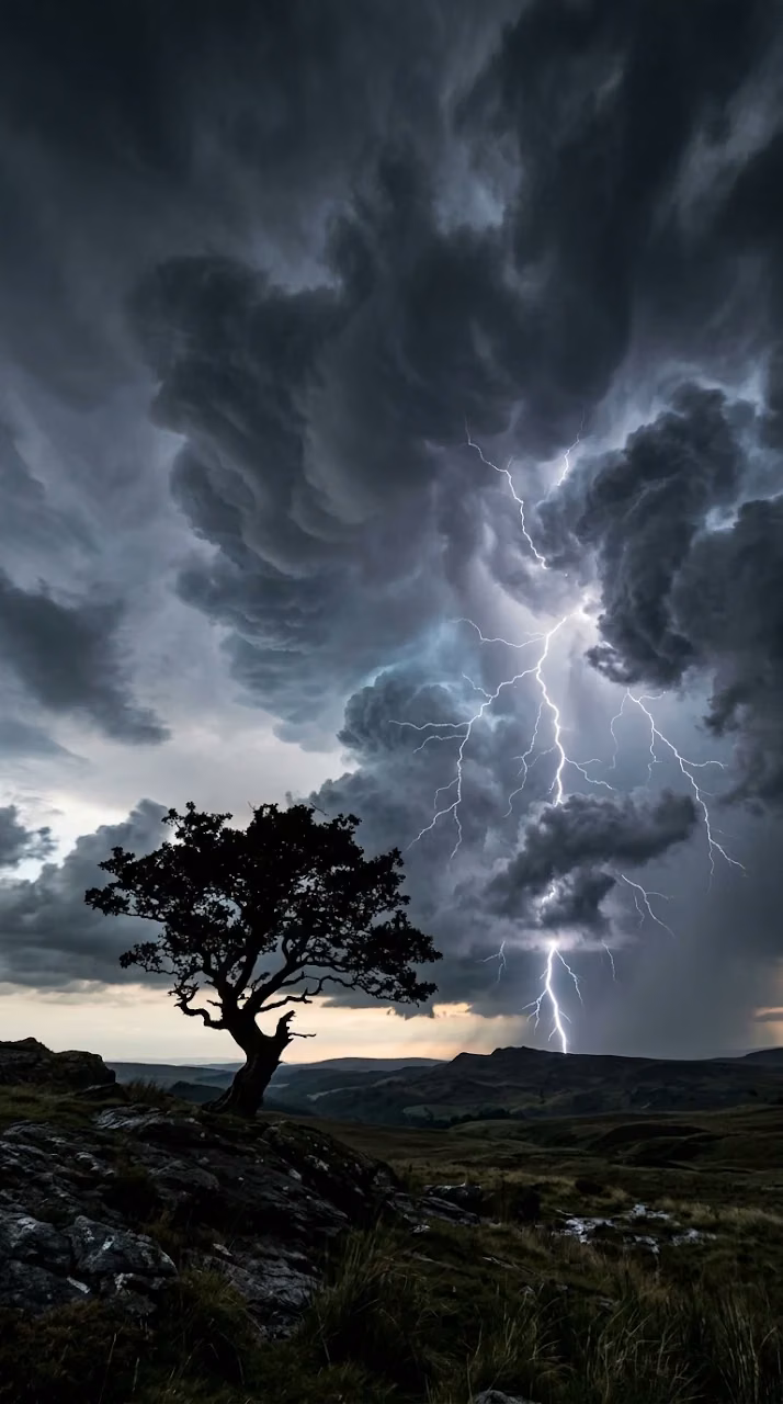 Dramatic Stormy Sky with Lightning and Resilient Lone Tree - Free Mobile AMOLED Wallpaper Background