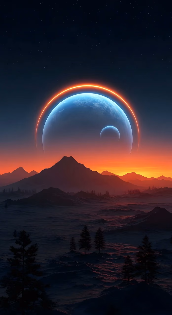 Dramatic Sunset on Alien World with Orange Ring Planet - Free Mobile AMOLED Wallpaper Background