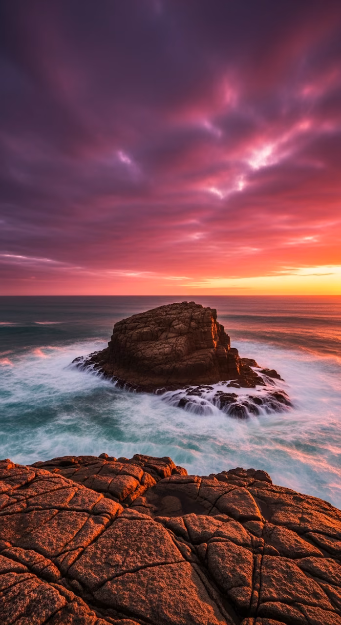 Dramatic Sunset over Coastal Rock Formations and Crashing Waves - Free Mobile AMOLED Wallpaper Background