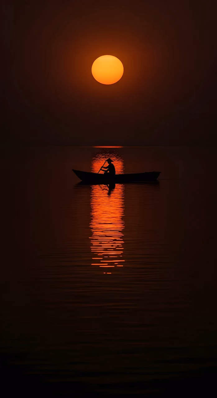 Download Dramatic Sunset Silhouette Lone Boatman Orange Reflection Wallpaper in Mobile HD Dramatic Sunset Silhouette Lone Boatman Orange Reflection - Free Mobile AMOLED Wallpaper Background