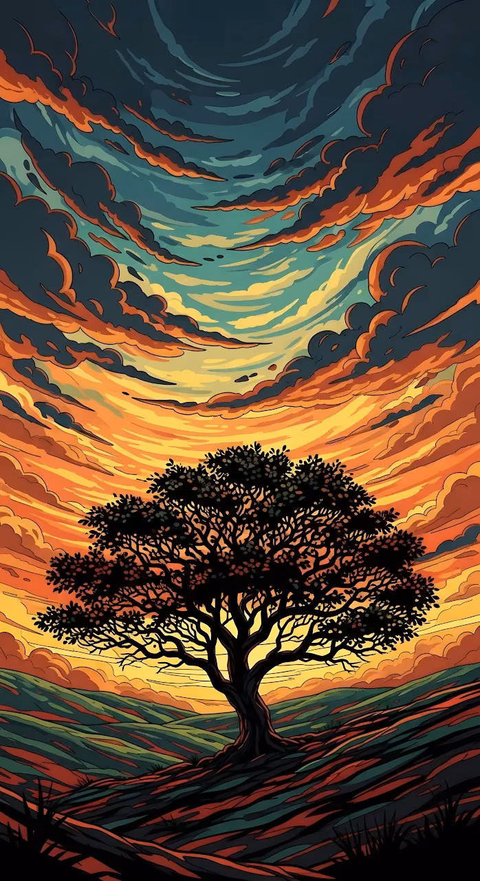 Dramatic Sunset Silhouette of a Lone Tree - Free Mobile AMOLED Wallpaper Background