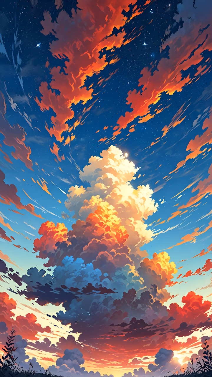 Download Dramatic Sunset Sky with Fiery Clouds and Twinkling Stars Wallpaper in Mobile HD Dramatic Sunset Sky with Fiery Clouds and Twinkling Stars - Free Mobile AMOLED Wallpaper Background