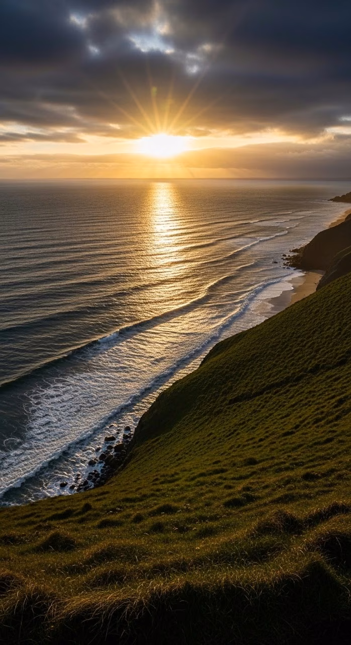 Dramatic Sunset View Over Steep Coastal Cliffs and Reflective Ocean Waves - Free Mobile AMOLED Wallpaper Background