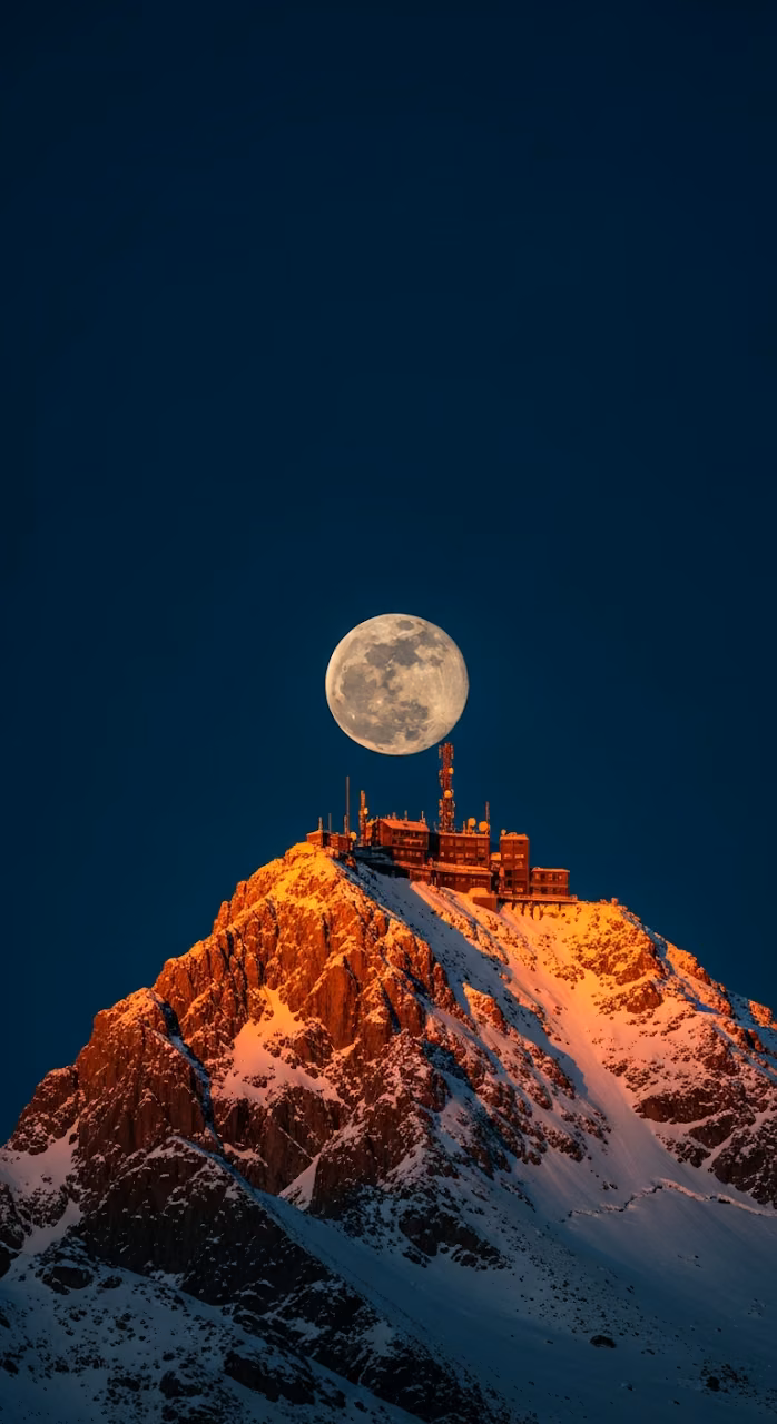 Dramatic Sunset View of Snowy Mountain Peak and Telephoto Moon - Free Mobile AMOLED Wallpaper Background