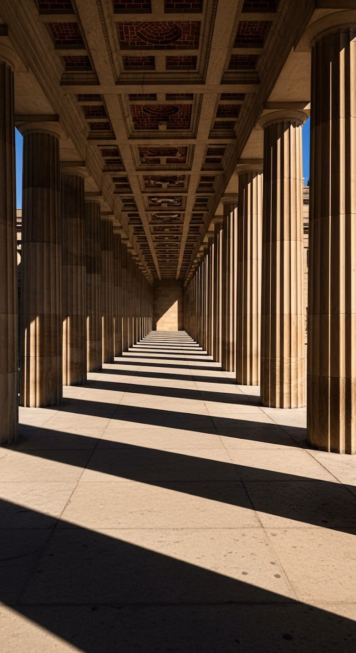 Dramatic View Down a Colonnade with Long Geometric Shadows at Midday - Free Mobile AMOLED Wallpaper Background