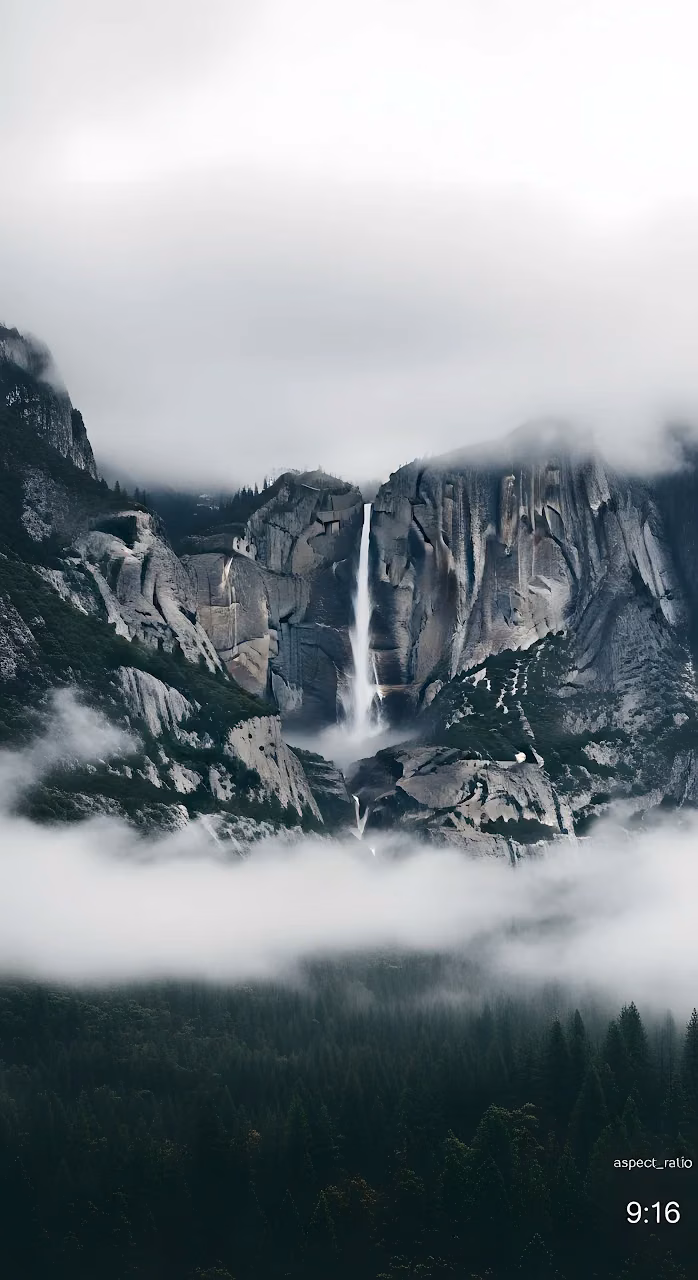 Download Dramatic Waterfall Cascading Through Foggy Mountain Cliffs Wallpaper in Mobile HD Dramatic Waterfall Cascading Through Foggy Mountain Cliffs - Free Mobile AMOLED Wallpaper Background