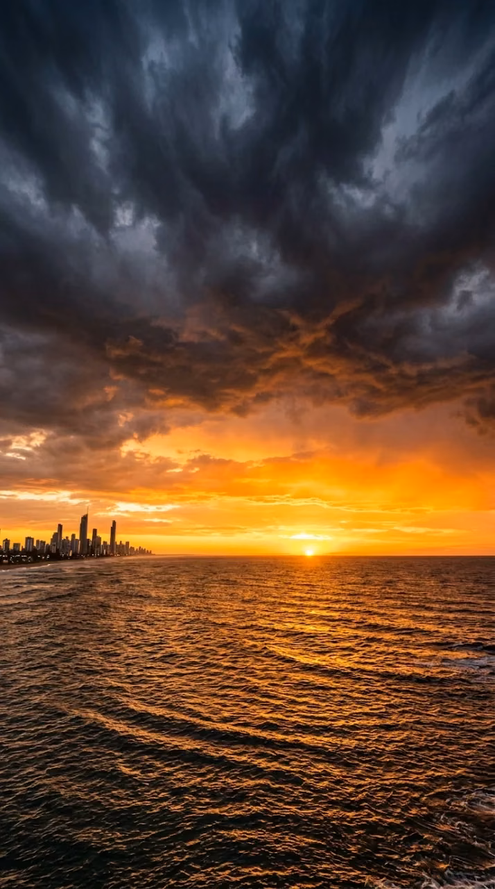 Dramatic Wide Angle Sunset Over Ocean and City Skyline - Free Mobile AMOLED Wallpaper Background