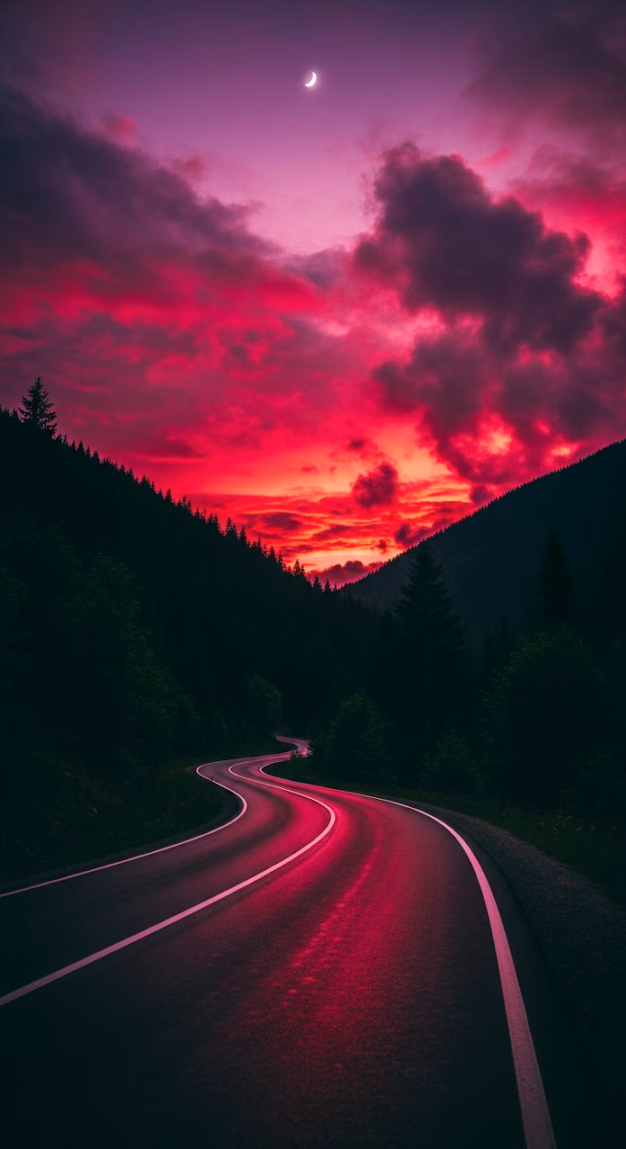 Download Dramatic Winding Road Through Mountains Under an Intense Pink and Purple Sunset Sky with Crescent Moon Wallpaper in Mobile HD Dramatic Winding Road Through Mountains Under an Intense Pink and Purple Sunset Sky with Crescent Moon - Free Mobile AMOLED Wallpaper Background