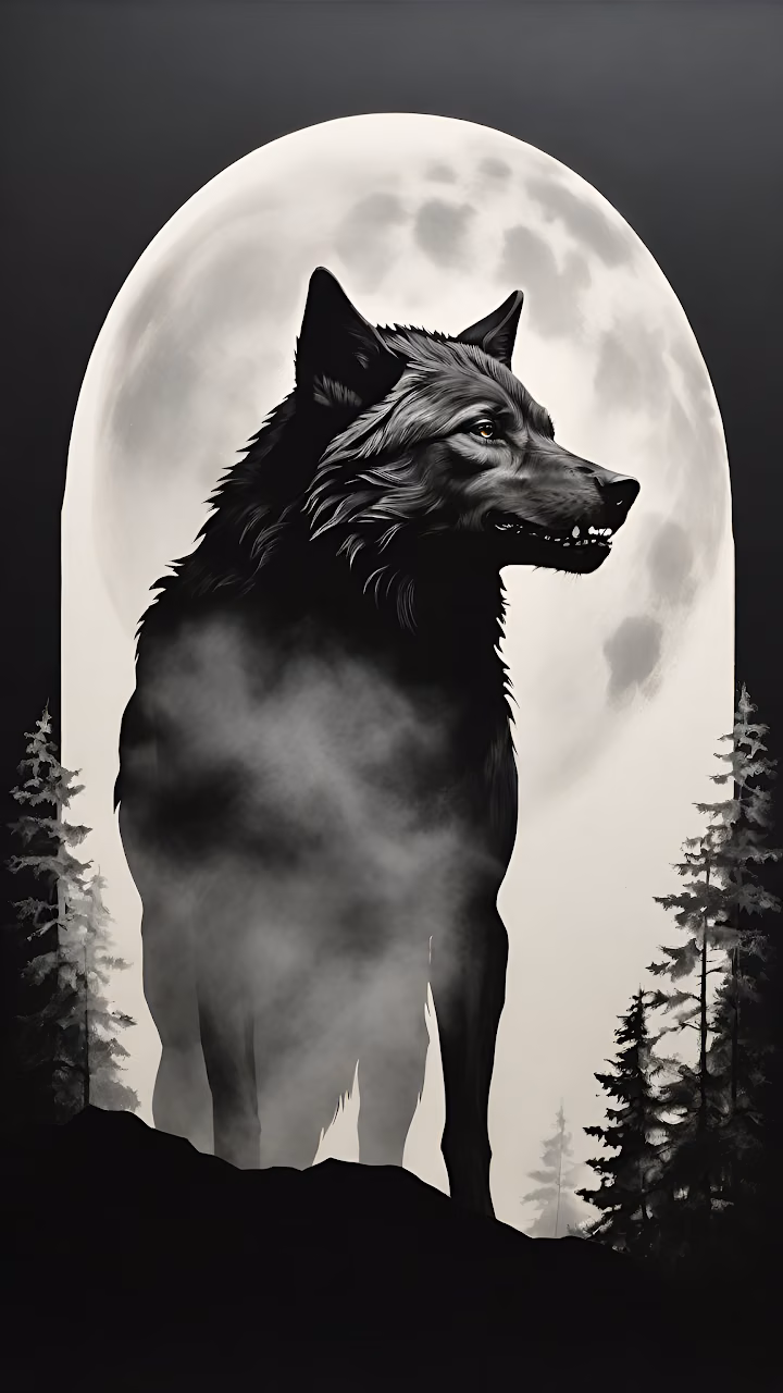 Dramatic Wolf Silhouette Against Full Moon Monochrome Art - Free Mobile AMOLED Wallpaper Background