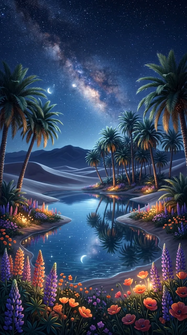 Download Dreamlike Starlit Desert Oasis Digital Painting Wallpaper in Mobile HD Dreamlike Starlit Desert Oasis Digital Painting - Free Mobile AMOLED Wallpaper Background