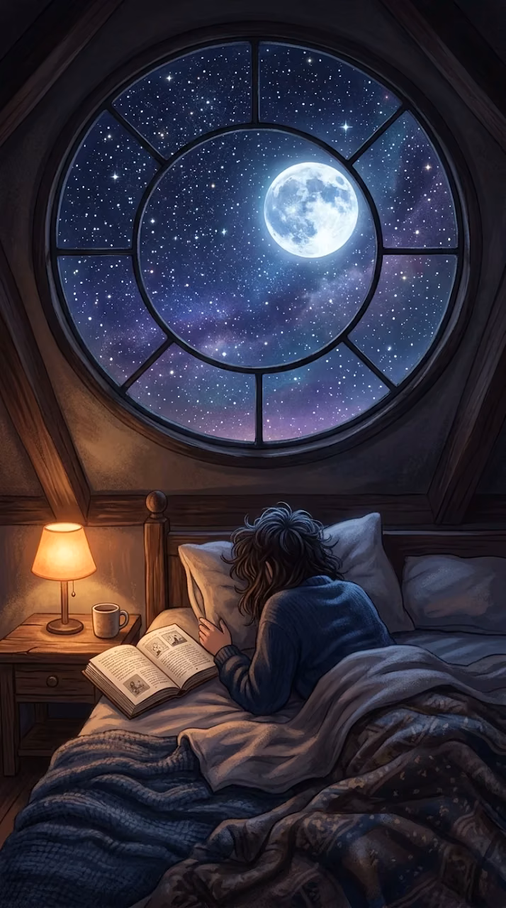 Dreamy Bedroom Scene with Person Gazing Through Skylight at Moon - Free Mobile AMOLED Wallpaper Background