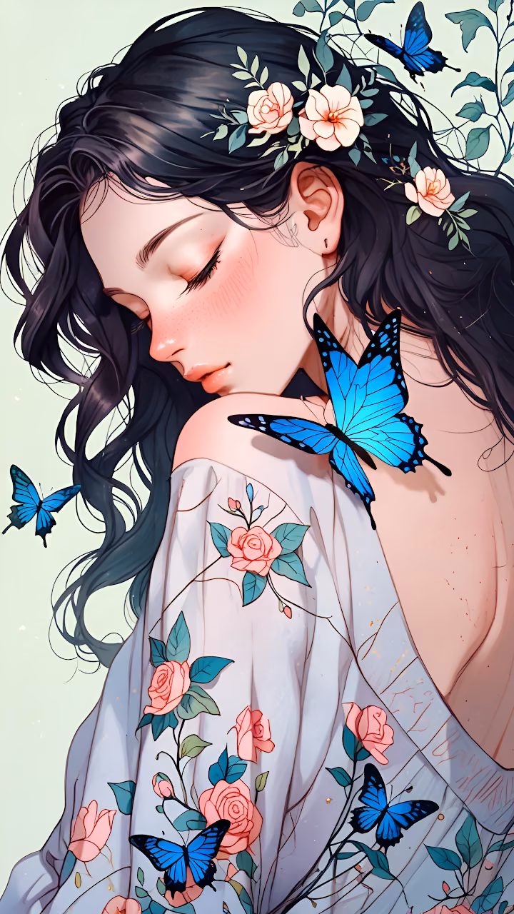 Download Dreamy Woman with Blue Butterflies and Floral Crown Wallpaper in Mobile HD Dreamy Woman with Blue Butterflies and Floral Crown - Free Mobile AMOLED Wallpaper Background