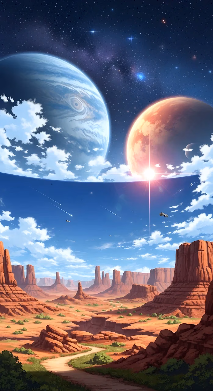 Dual Planets Over Red Desert Canyon Anime Landscape - Free Mobile AMOLED Wallpaper Background
