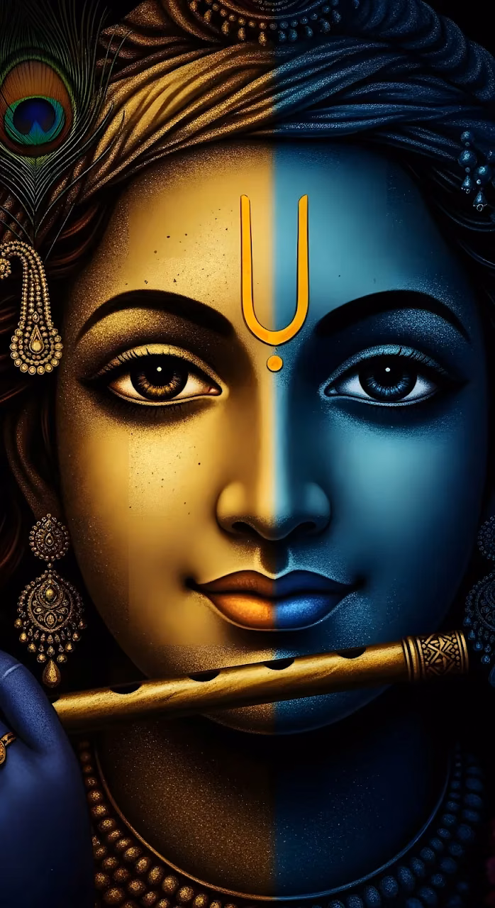 Dual Tone Portrait of Lord Krishna Playing the Flute - Free Mobile AMOLED Wallpaper Background