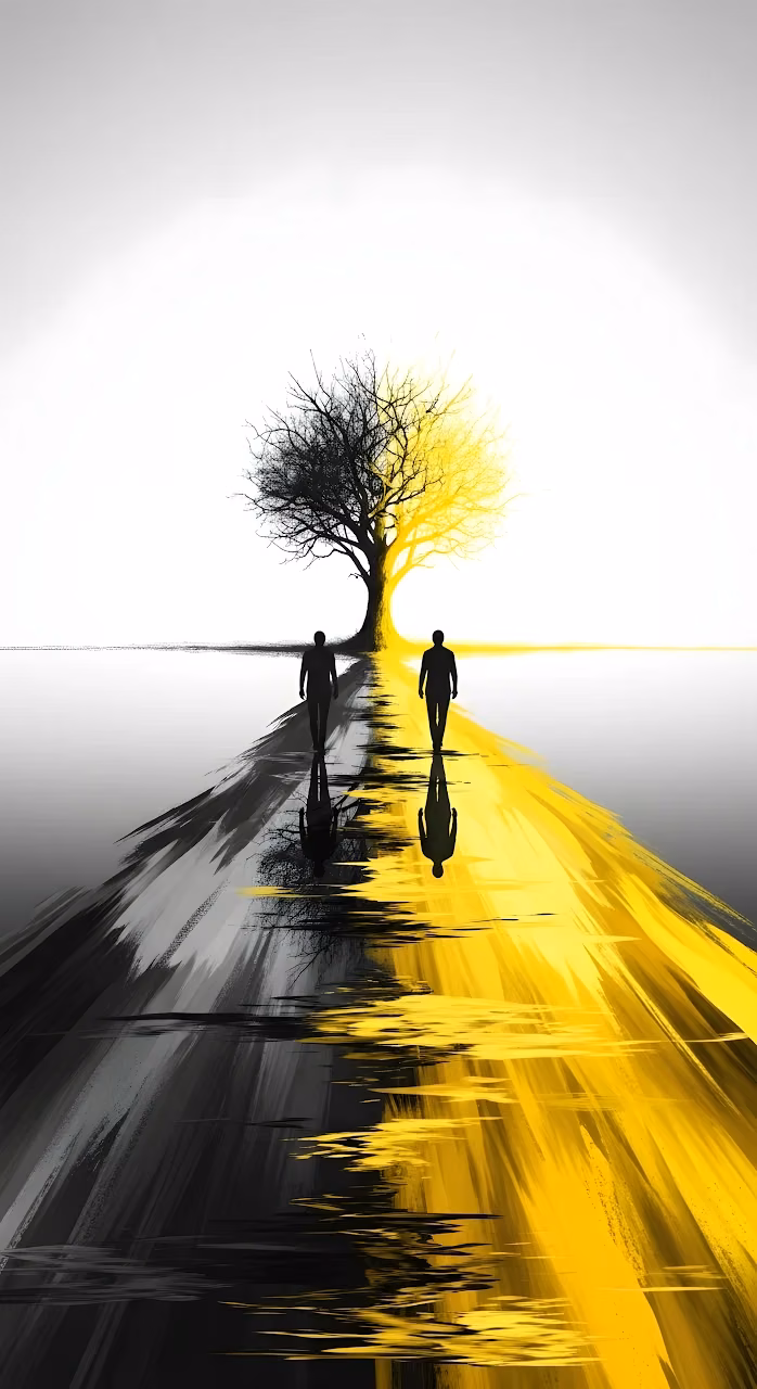 Duality Path Abstract Art Black Yellow Tree Silhouette - Free Mobile AMOLED Wallpaper Background