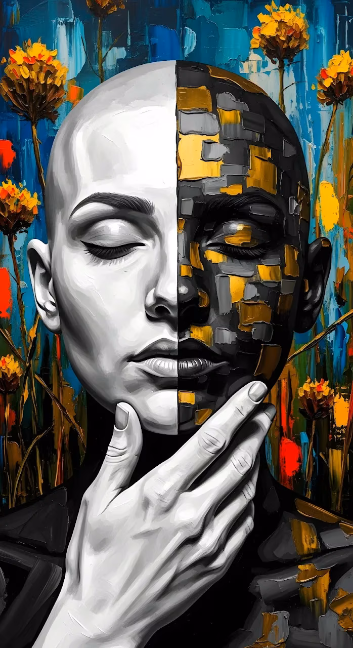 Duality Portrait: Black, Gold, and White Impasto Art - Free Mobile AMOLED Wallpaper Background