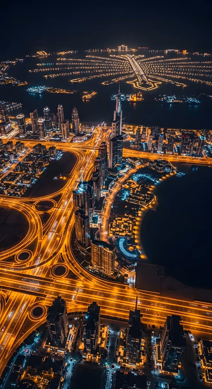 Dubai Night Skyline Aerial View Golden City Lights - Free Mobile AMOLED Wallpaper Background