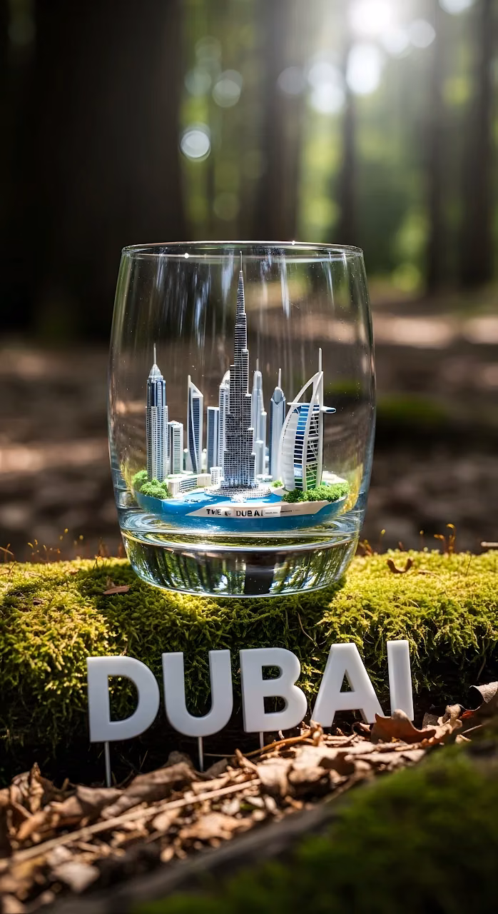 Dubai Skyline Miniature in a Glass in a Forest Setting - Free Mobile AMOLED Wallpaper Background