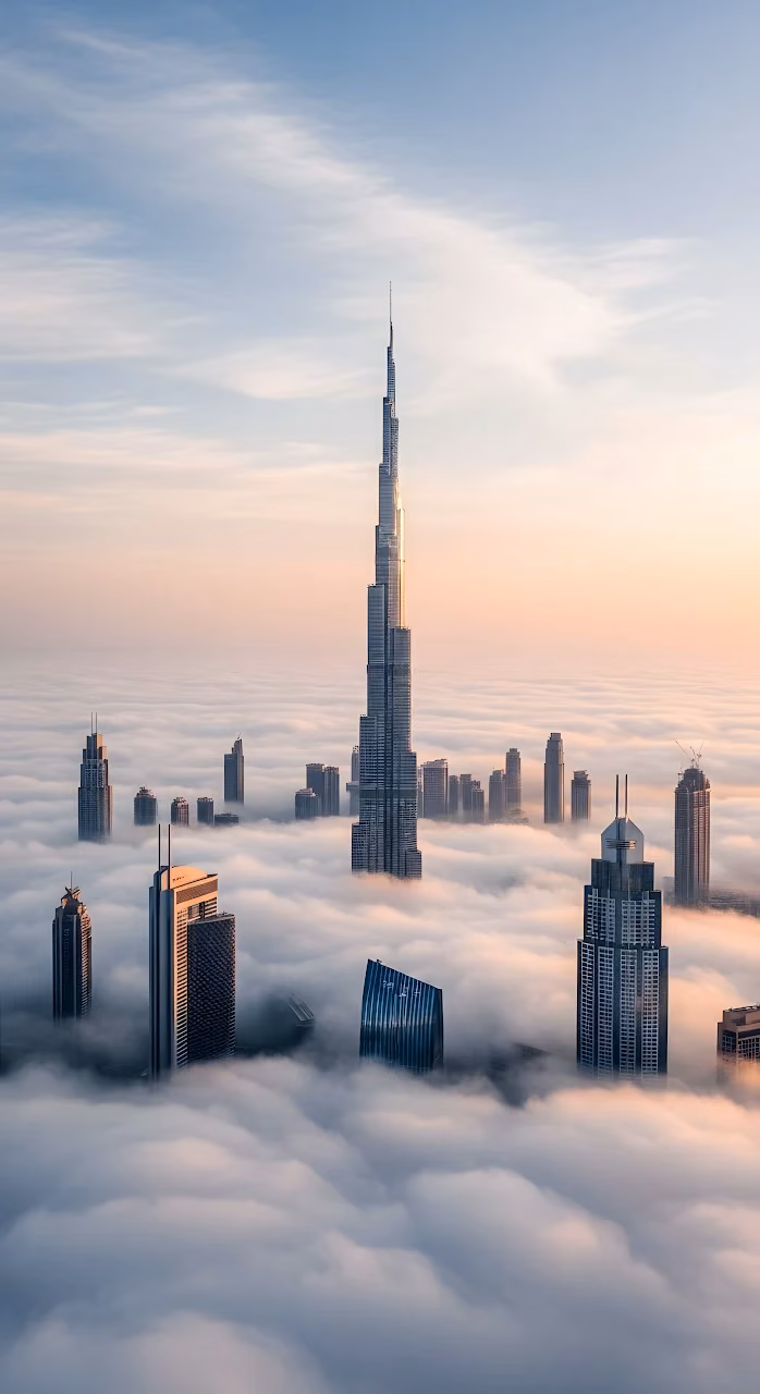 Dubai Skyscrapers Emerging from Sea of Clouds at Dawn - Free Mobile AMOLED Wallpaper Background