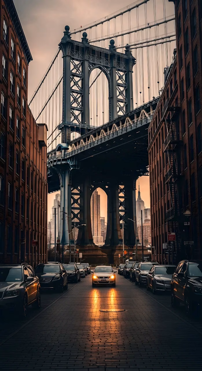 DUMBO Manhattan Bridge View at Sunset with Glowing Car Lights - Free Mobile AMOLED Wallpaper Background