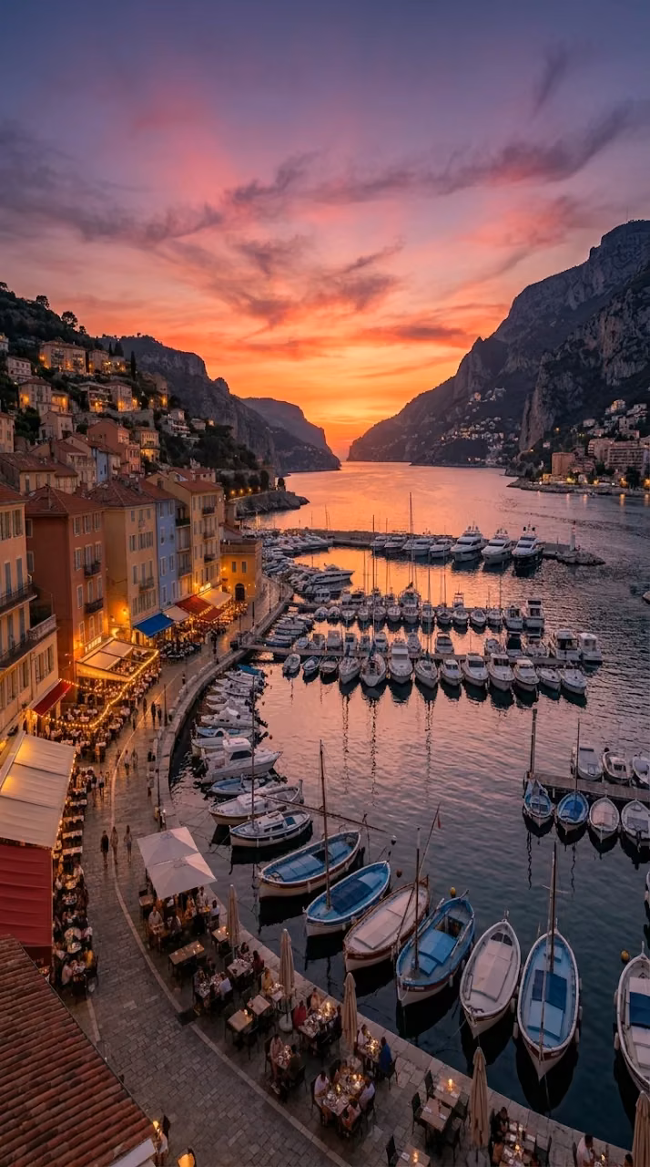 Dusk Scene in a European Port Town with Boats and Waterfront Cafes - Free Mobile AMOLED Wallpaper Background