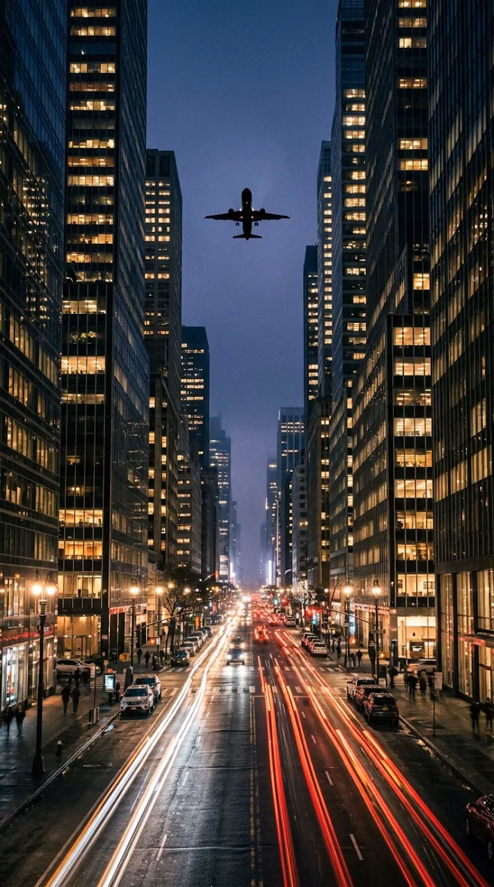 Dusk View Down a City Street with Skyscrapers and a Flying Plane - Free Mobile AMOLED Wallpaper Background