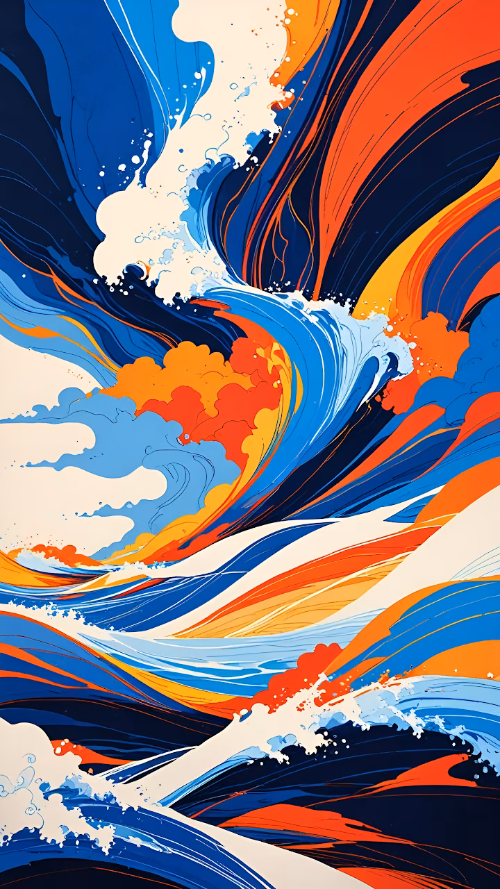 Dynamic Abstract Ocean Wave Art Illustration Vibrant Colors - Free Mobile AMOLED Wallpaper Background