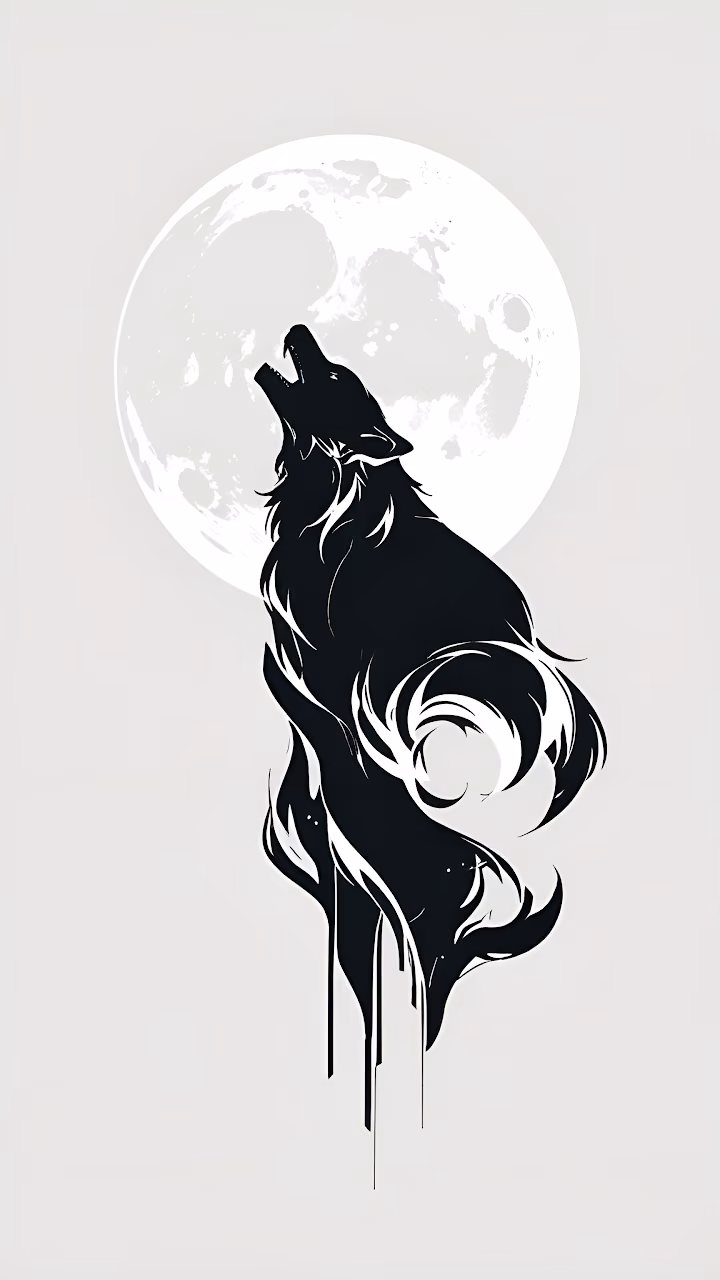 Dynamic Abstract Wolf Illustration, Flowing Black Ink and Pale Moon - Free Mobile AMOLED Wallpaper Background