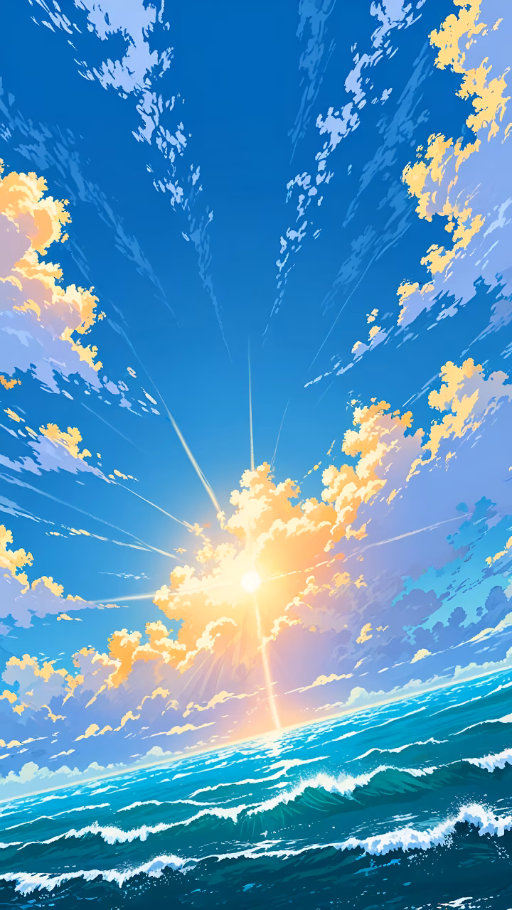 Dynamic Anime Ocean Sunrise Sky with Crashing Turquoise Waves - Free Mobile AMOLED Wallpaper Background