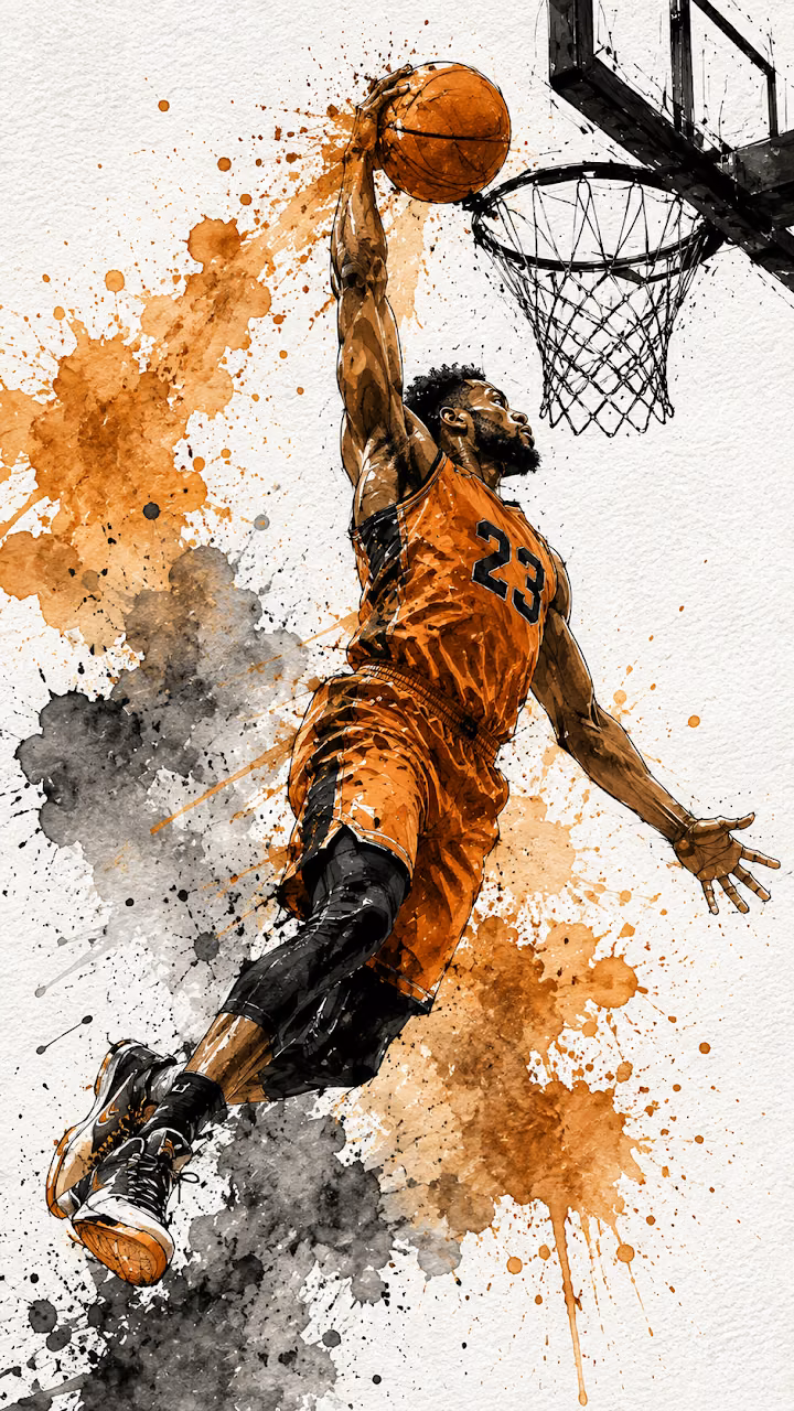 Dynamic Basketball Dunk Ink and Watercolor Illustration - Free Mobile AMOLED Wallpaper Background