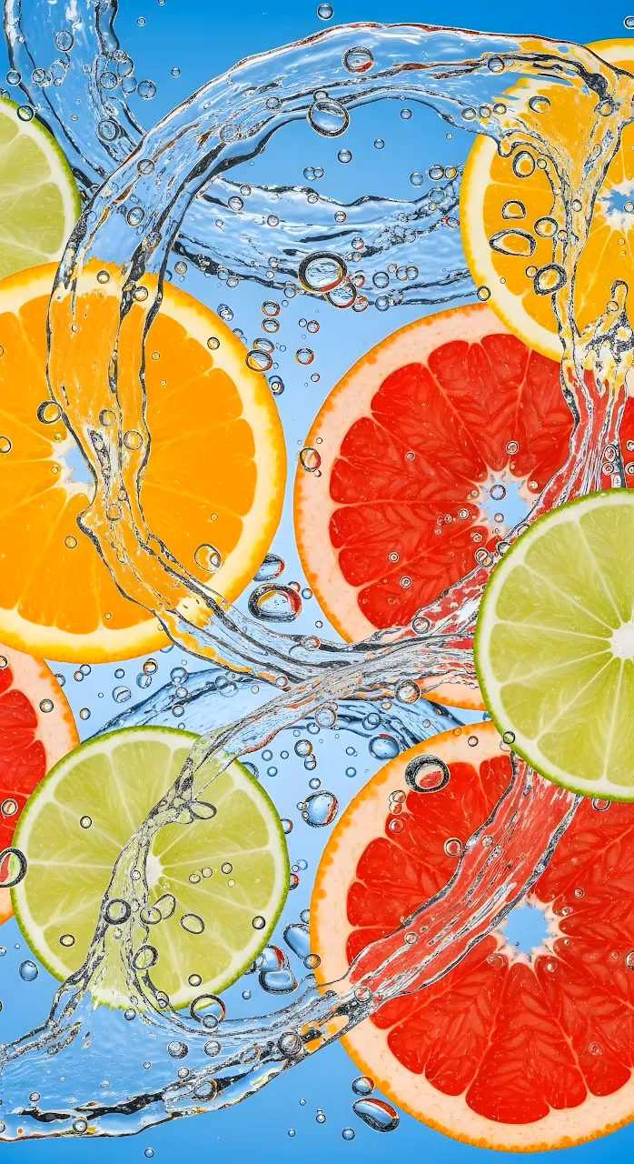 Dynamic Citrus Splash: Orange, Grapefruit, and Lime Slices - Free Mobile AMOLED Wallpaper Background