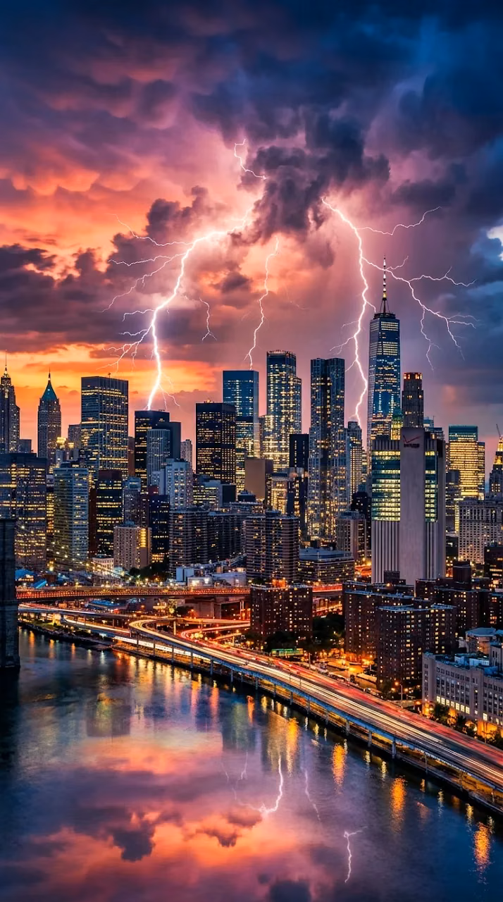 Dynamic Cityscape at Dusk with Lightning Streaks and Dramatic Clouds - Free Mobile AMOLED Wallpaper Background