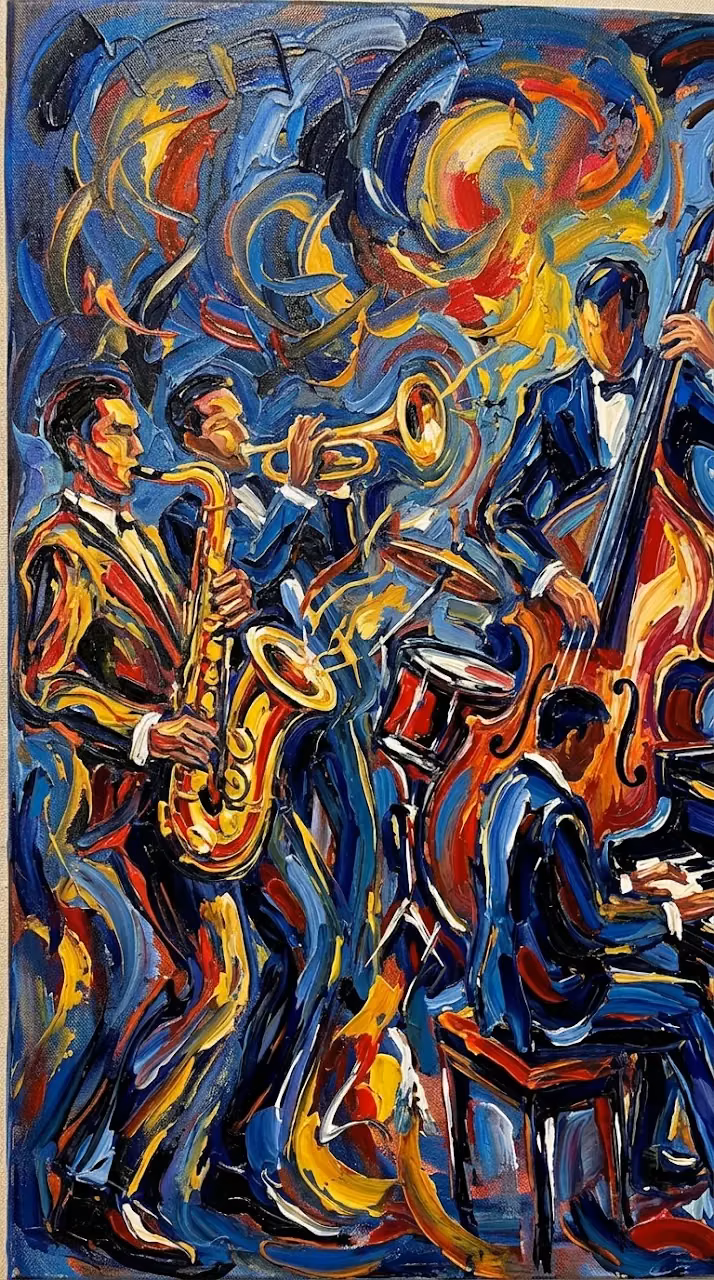 Dynamic Jazz Performance Abstract Painting with Impasto Texture - Free Mobile AMOLED Wallpaper Background