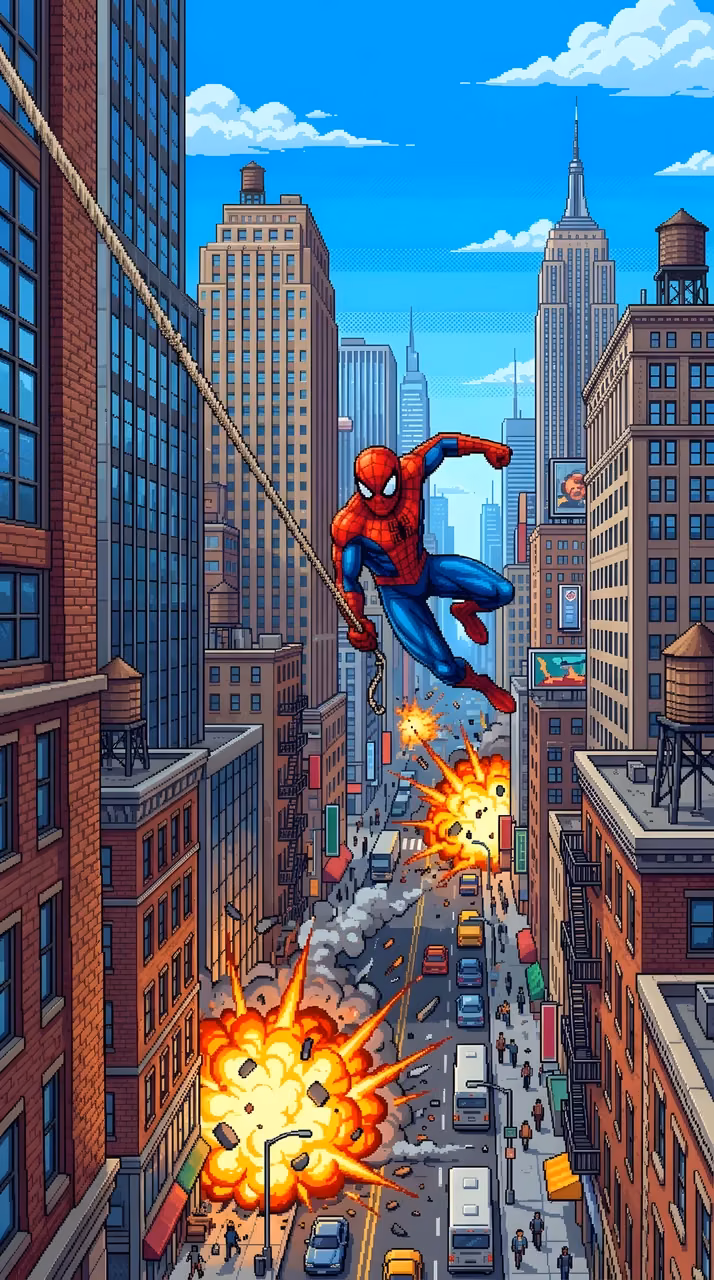 Dynamic Pixel Art Illustration of a Masked Superhero Swinging Through NYC - Free Mobile AMOLED Wallpaper Background