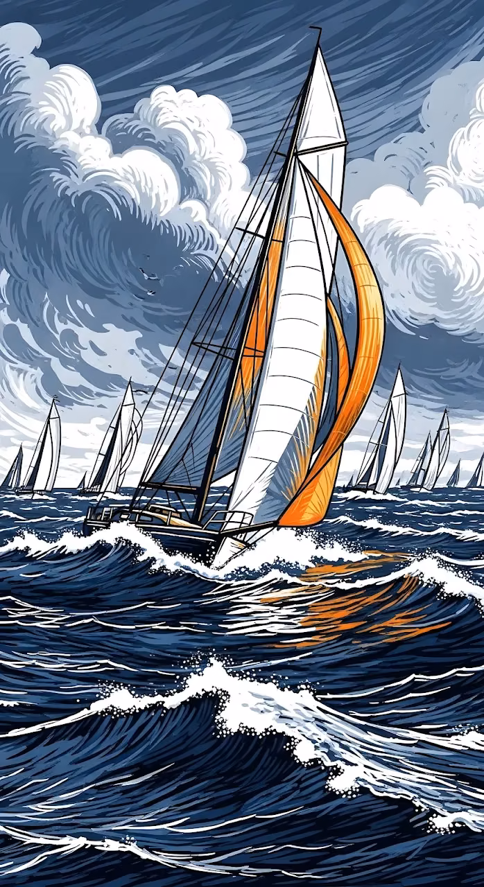 Dynamic Sailboat Race on Stormy Blue Ocean Waves - Free Mobile AMOLED Wallpaper Background