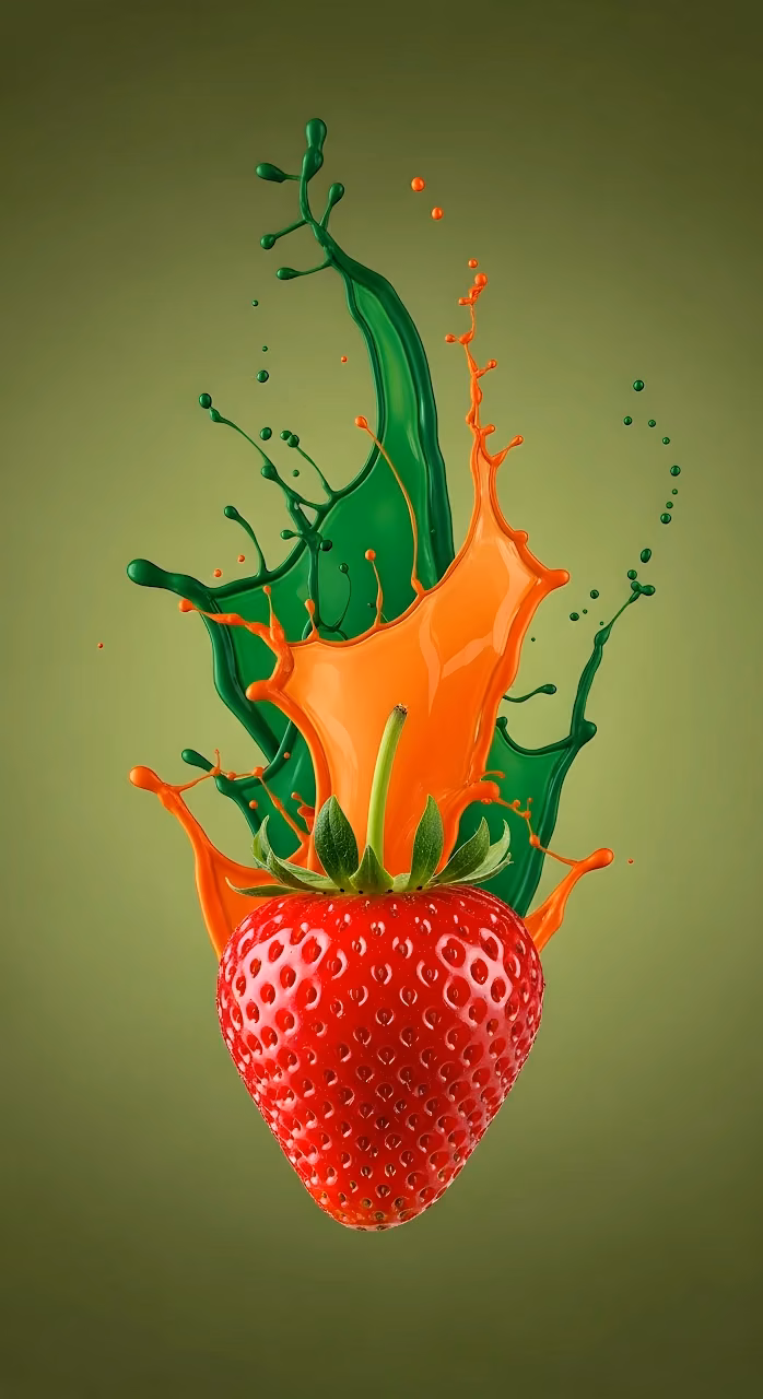 Dynamic Strawberry Splash Art with Green and Orange Paint - Free Mobile AMOLED Wallpaper Background