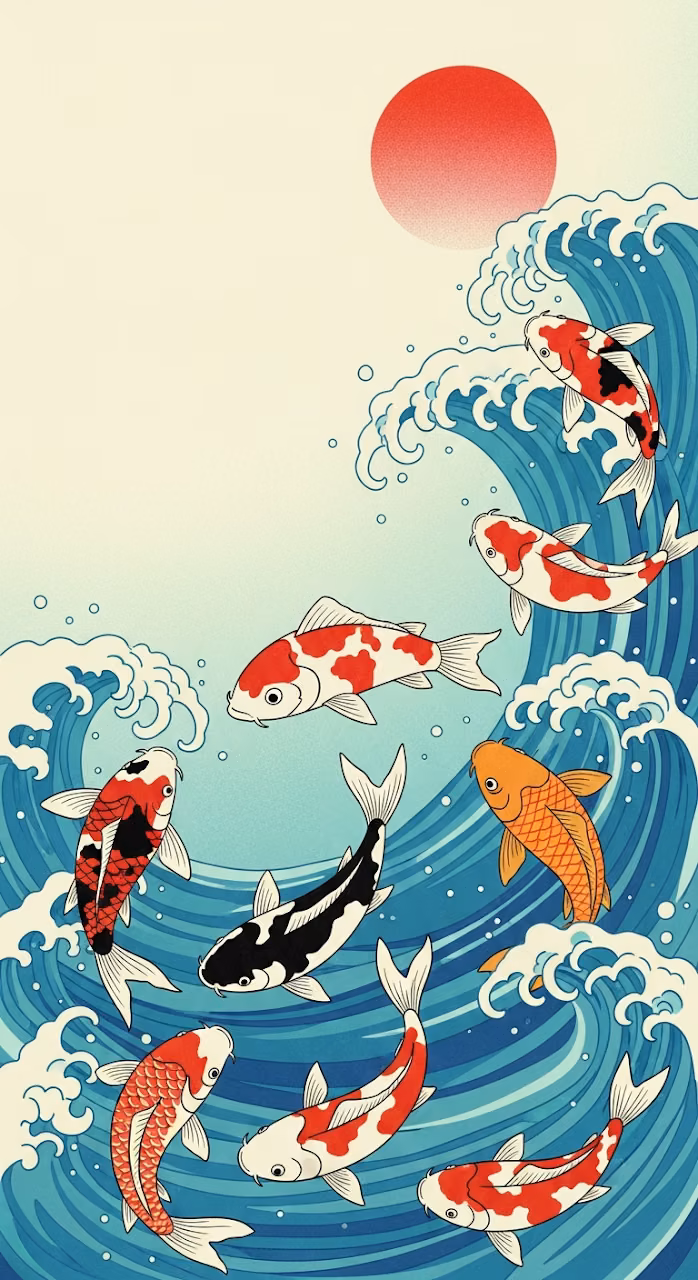 Dynamic Ukiyo-e Style Illustration of Seven Koi Fish Swimming in Stylized Waves - Free Mobile AMOLED Wallpaper Background