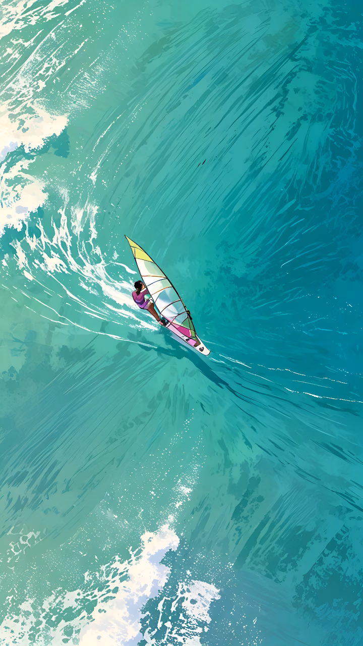 Dynamic Windsurfing Illustration on Teal Ocean Waves - Free Mobile AMOLED Wallpaper Background
