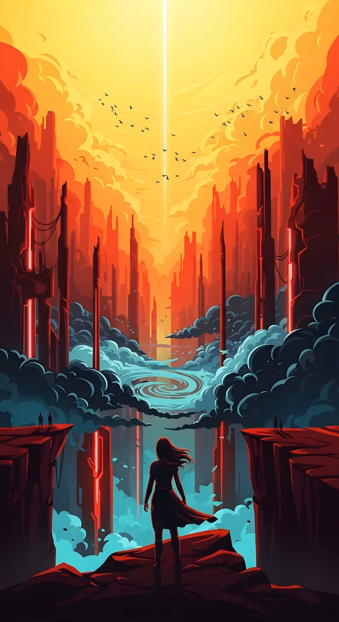 Dystopian City Canyon with Glowing Beam and Lone Figure - Free Mobile AMOLED Wallpaper Background