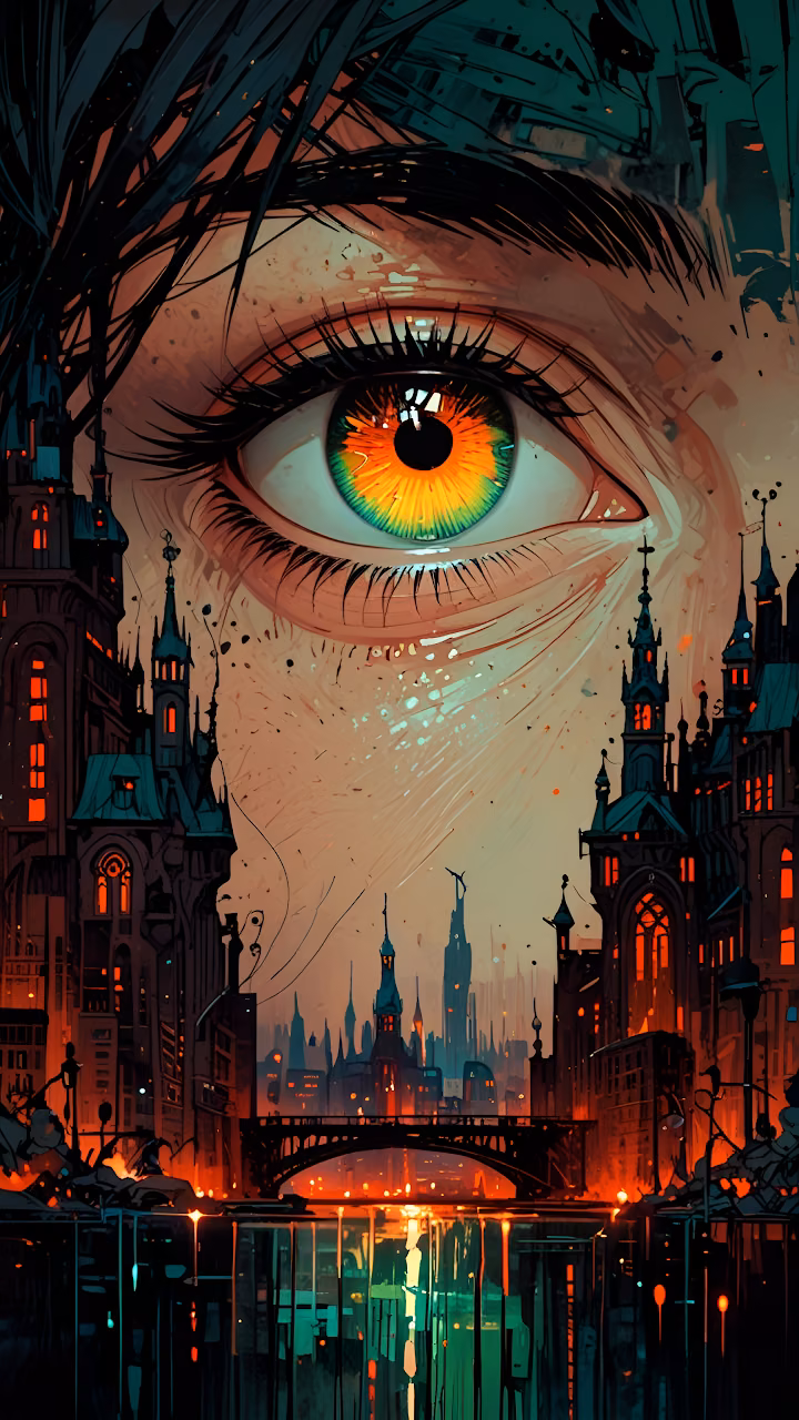 Dystopian City Eye Reflection Surreal Artwork - Free Mobile AMOLED Wallpaper Background