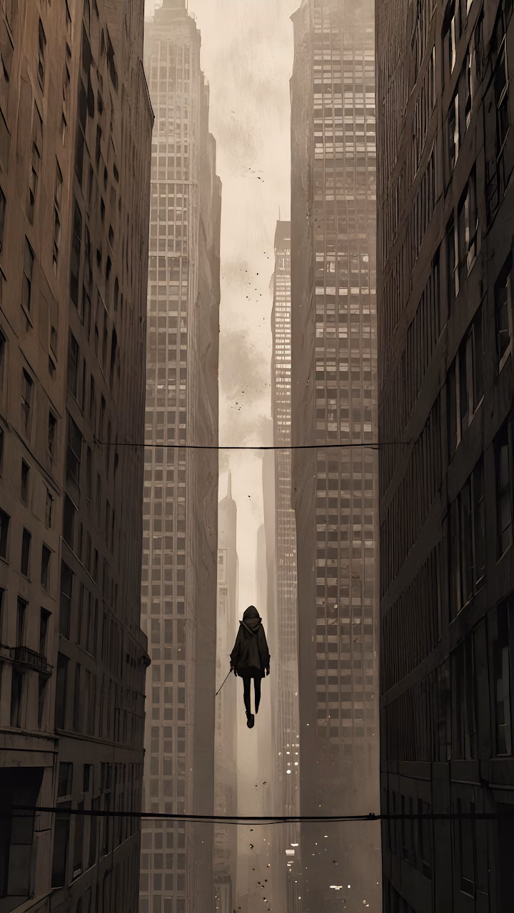 Download Dystopian City Skyscraper Tightrope Walker Art Wallpaper in Mobile HD Dystopian City Skyscraper Tightrope Walker Art - Free Mobile AMOLED Wallpaper Background