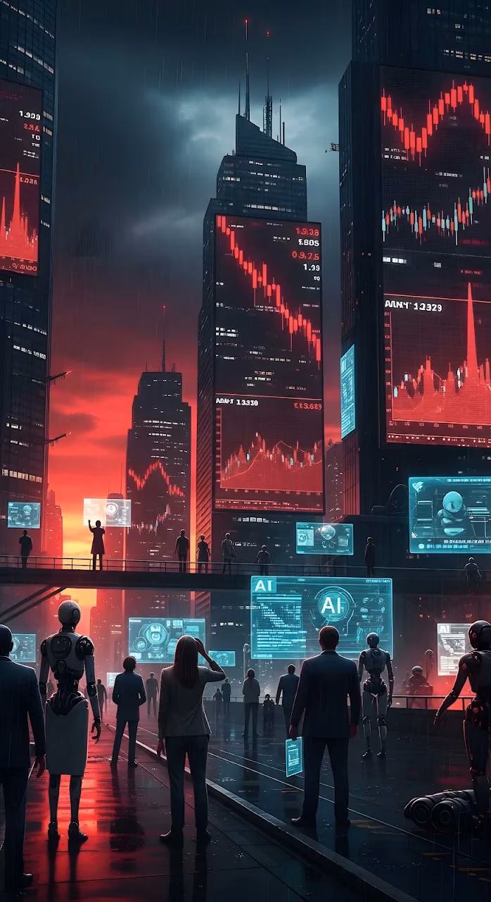 Download Dystopian Cyberpunk City with AI and Stock Market Crash Wallpaper in Mobile HD Dystopian Cyberpunk City with AI and Stock Market Crash - Free Mobile AMOLED Wallpaper Background