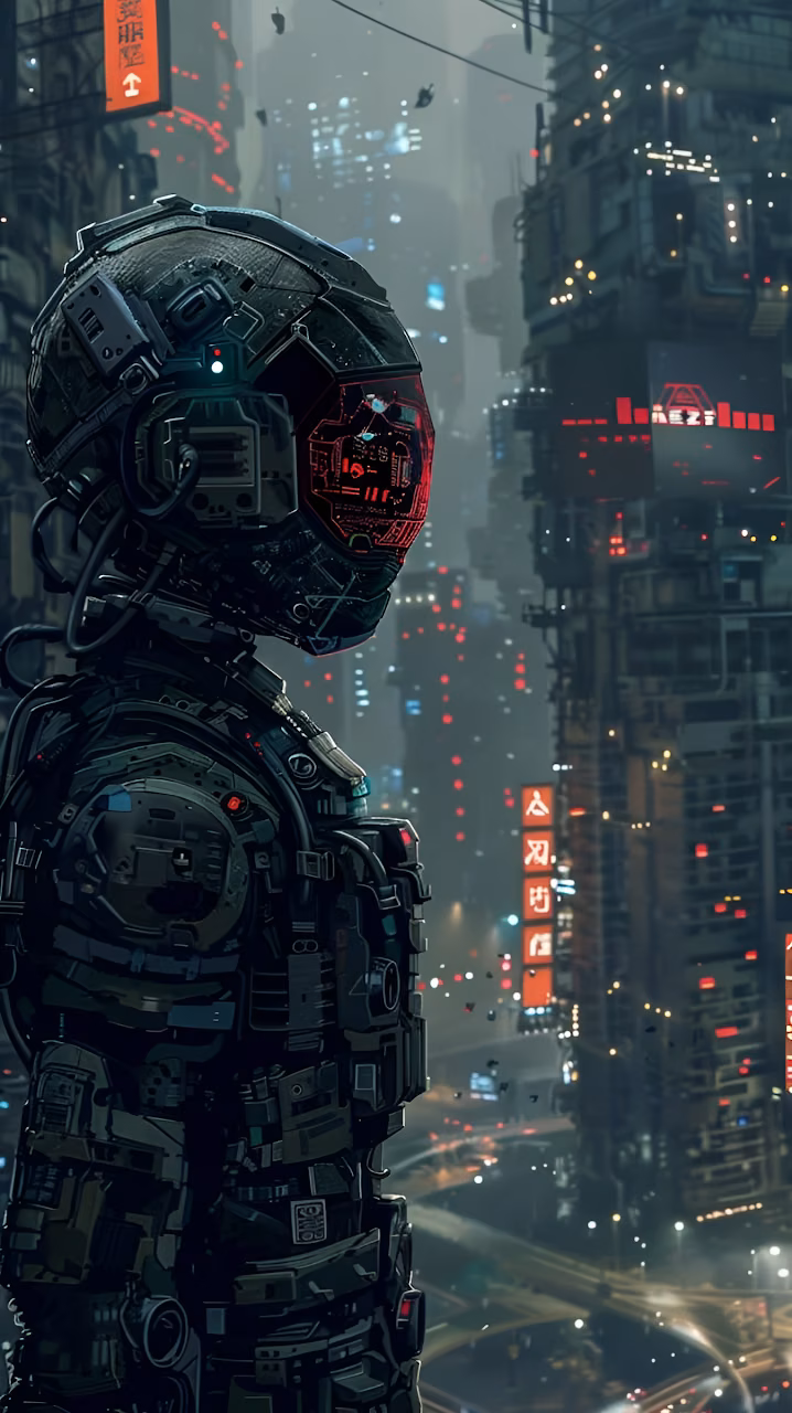 Download Dystopian Cyberpunk Soldier Overlooking Neon Metropolis Wallpaper in Mobile HD Dystopian Cyberpunk Soldier Overlooking Neon Metropolis - Free Mobile AMOLED Wallpaper Background