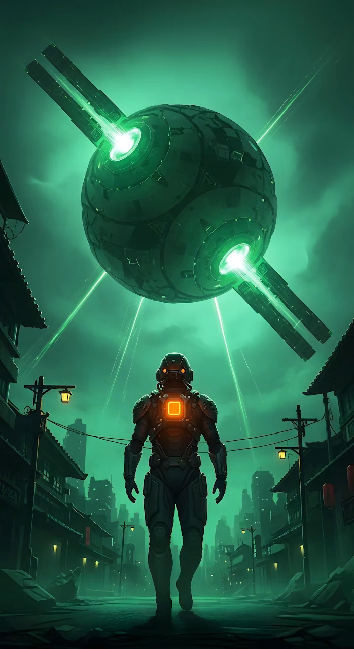 Dystopian Cyborg Under Alien Orb in Green Cyberpunk City - Free Mobile AMOLED Wallpaper Background