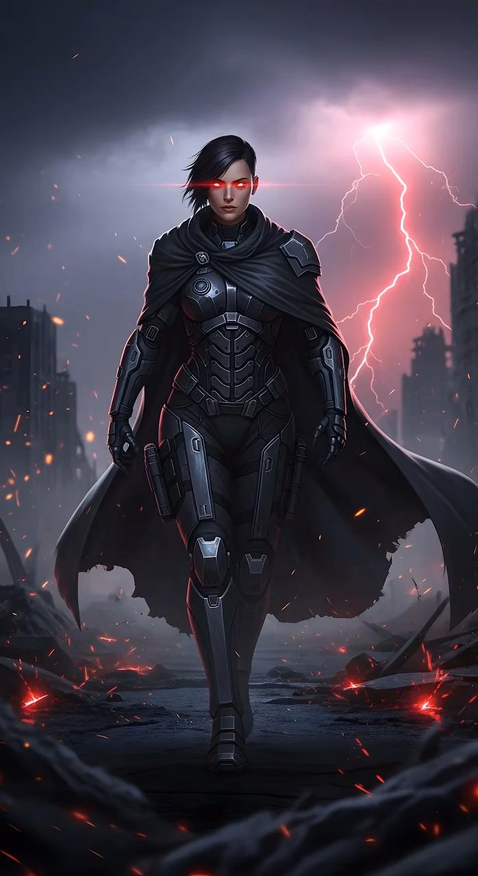 Dystopian Female Warrior with Red Eyes and Black Armor - Free Mobile AMOLED Wallpaper Background