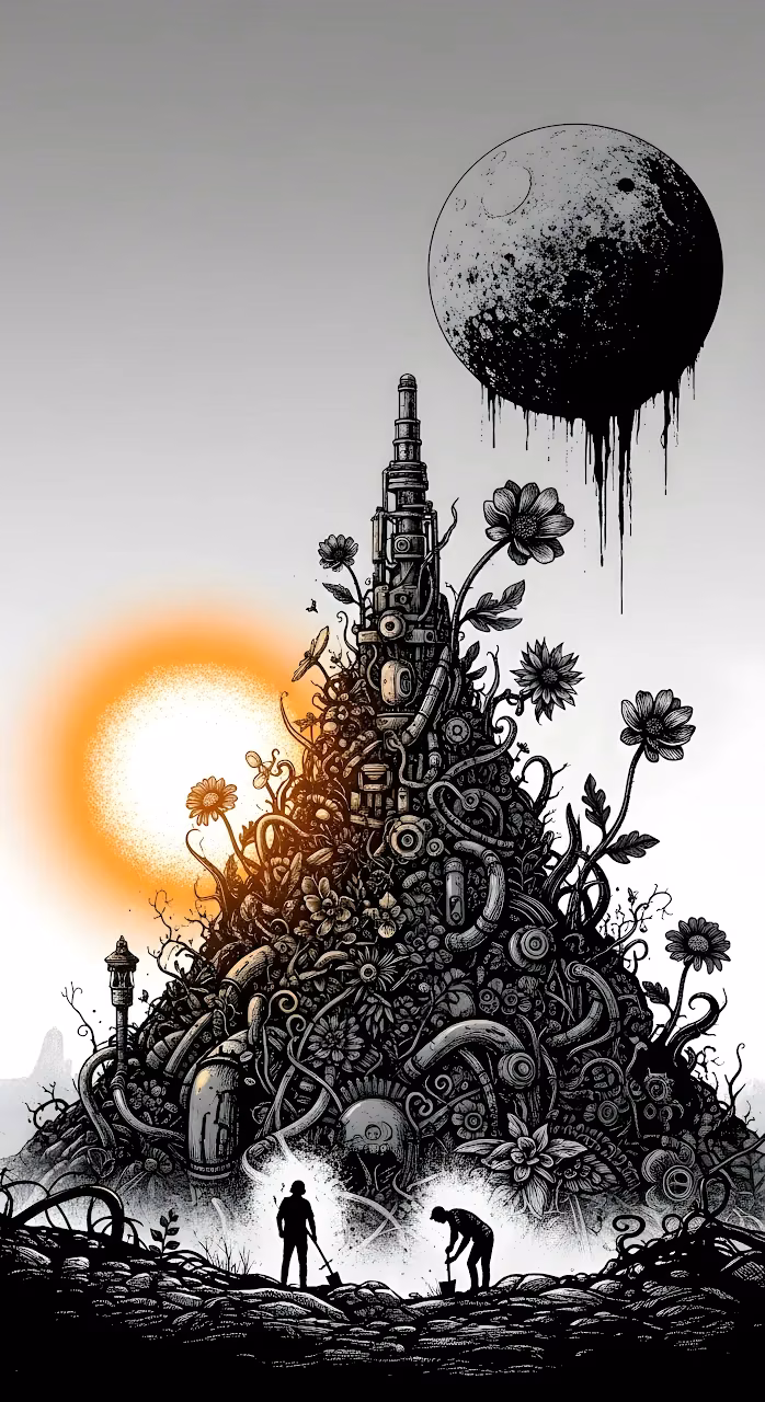 Dystopian Growth - Mechanical Tower and Dripping Moon - Free Mobile AMOLED Wallpaper Background