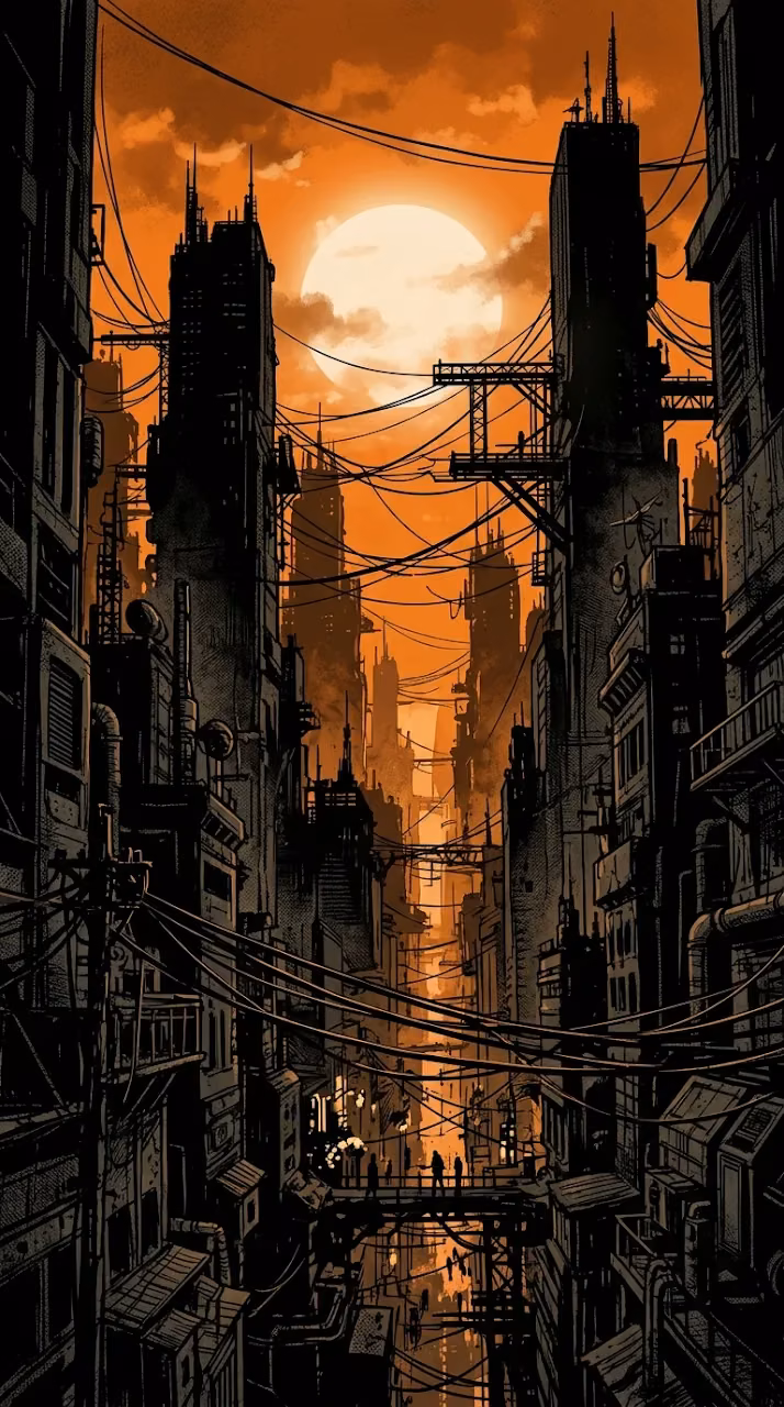 Download Dystopian Industrial Cityscape with Giant Sun and Black Silhouettes Wallpaper in Mobile HD Dystopian Industrial Cityscape with Giant Sun and Black Silhouettes - Free Mobile AMOLED Wallpaper Background