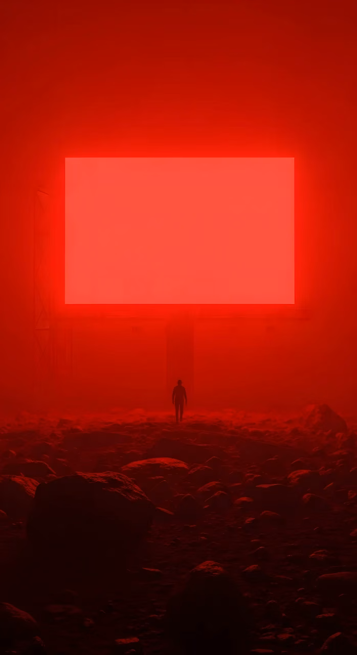 Dystopian Red Billboard Glowing Foggy Landscape - Free Mobile AMOLED Wallpaper Background