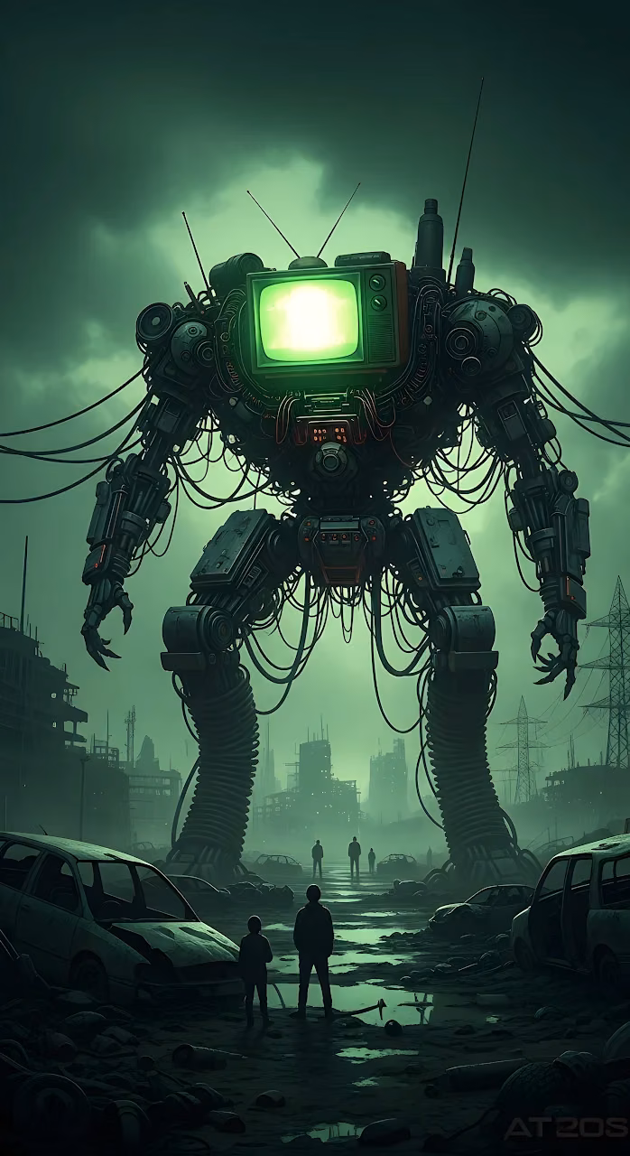 Dystopian TV Head Mech in Ruined Cityscape - Free Mobile AMOLED Wallpaper Background